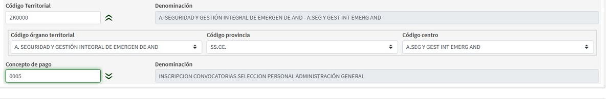Captura del modelo 046 correctamente rellenado con código territorial ZK0000, los tres desplegables de ASEMA, y concepto 0005 con su denominación INSCRIPCION CONVOCATORIAS SELECCION PERSONAL ADMINISTRACIÓN GENERAL