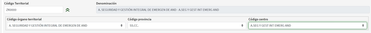 Captura del formulario del modelo 046 mostrando el Código Territorial ZK0000 con denominación A. SEGURIDAD Y GESTIÓN INTEGRAL DE EMERGEN DE AND - A.SEG Y GEST INT EMERG AND